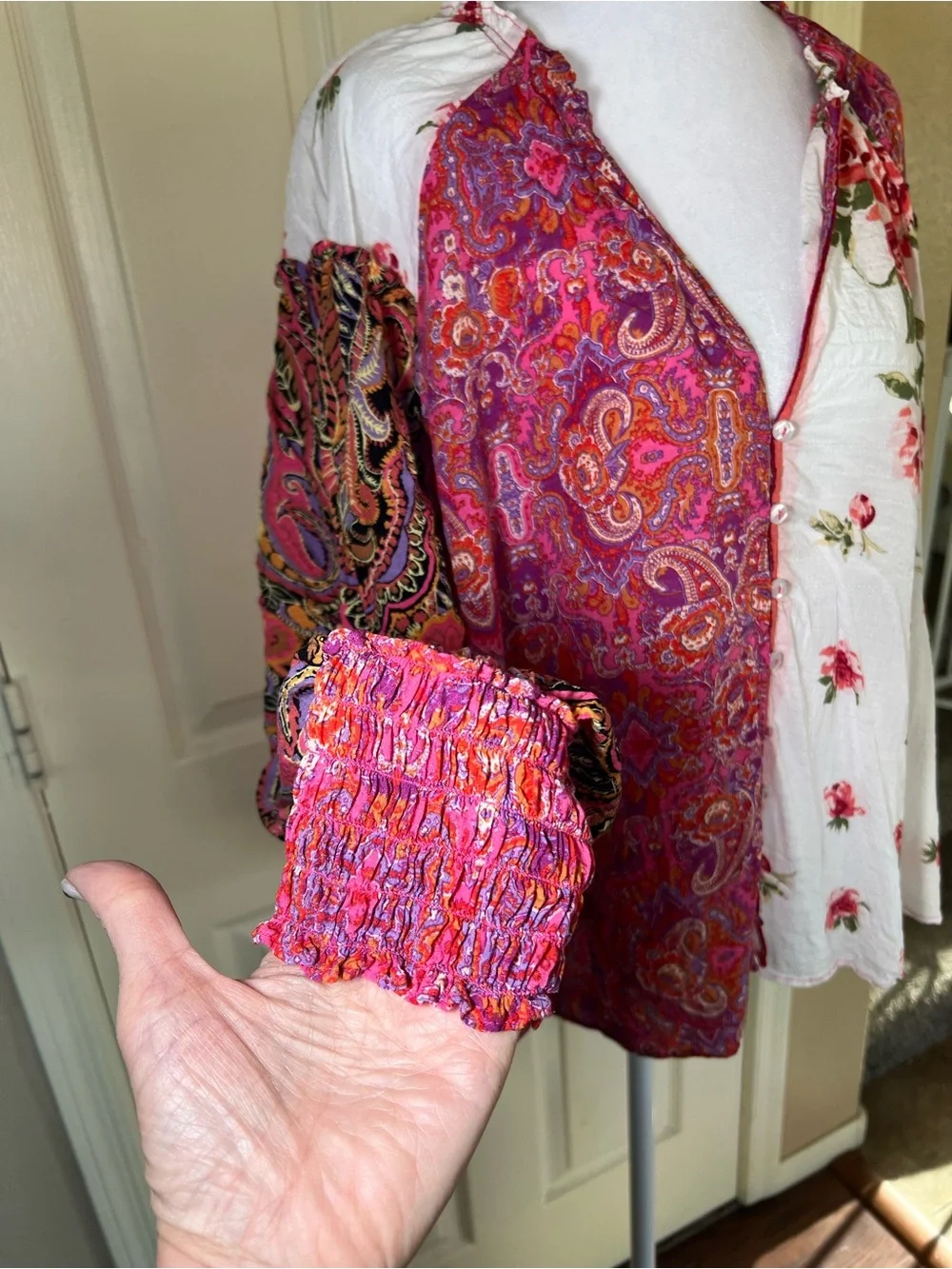 Free People Gemini Patchwork Floral Paisley Blouse Pink Boho Size L